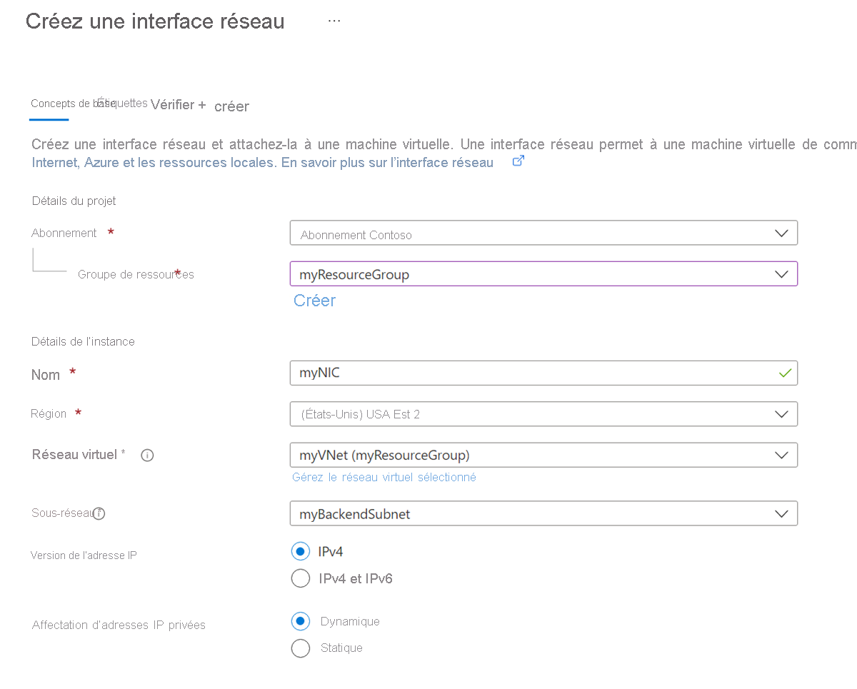 Capture d'écran de l'écran Créer une interface réseau dans le portail Azure.