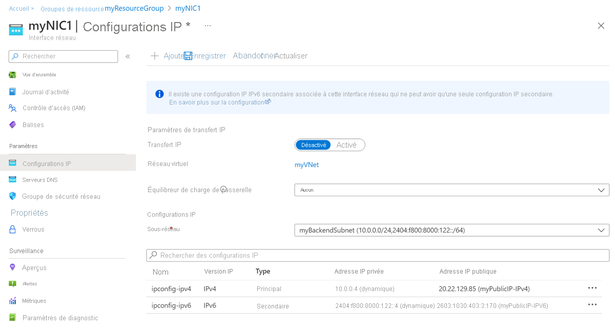 Capture d’écran des configurations IP de l’interface réseau.