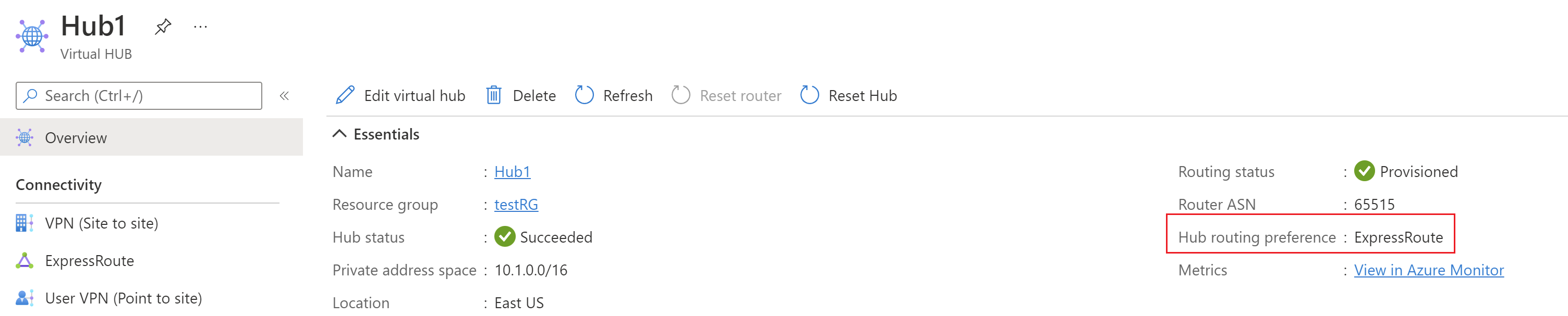 Capture d’écran montrant la page Vue d’ensemble du hub virtuel avec la préférence de routage.