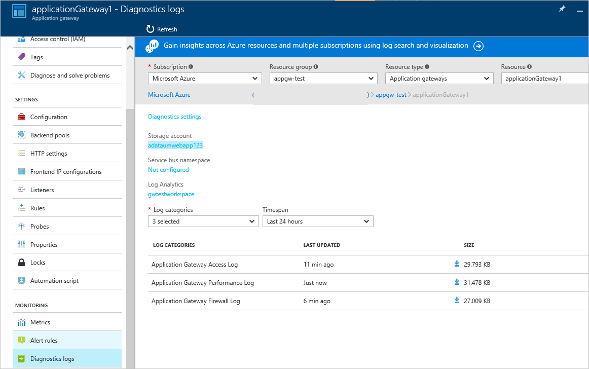 Fenêtres des journaux de diagnostics d’Application Gateway