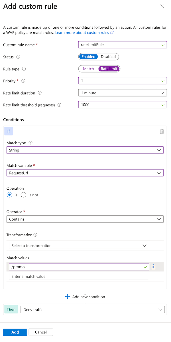 Capture d'écran montrant la configuration de la règle personnalisée.