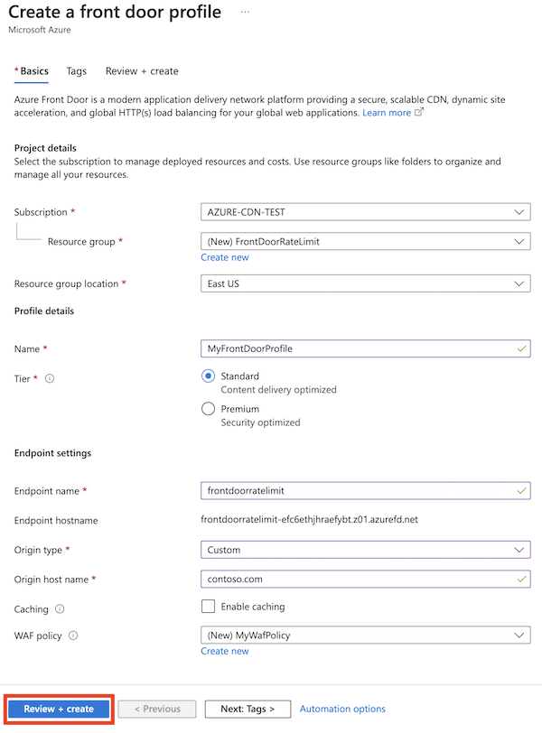 Capture d'écran montrant la configuration du profil Azure Front Door.