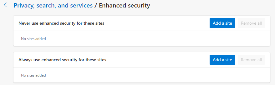 Page Paramètres pour la configuration des exceptions de sécurité