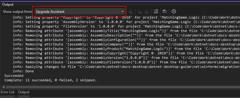 La fenêtre de sortie dans Visual Studio affichant les résultats de l’Assistant de mise à niveau de .NET.