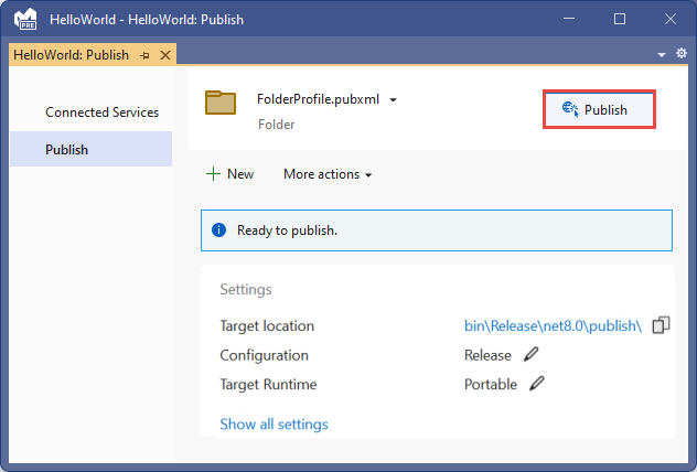 fenêtre de publication de Visual Studio