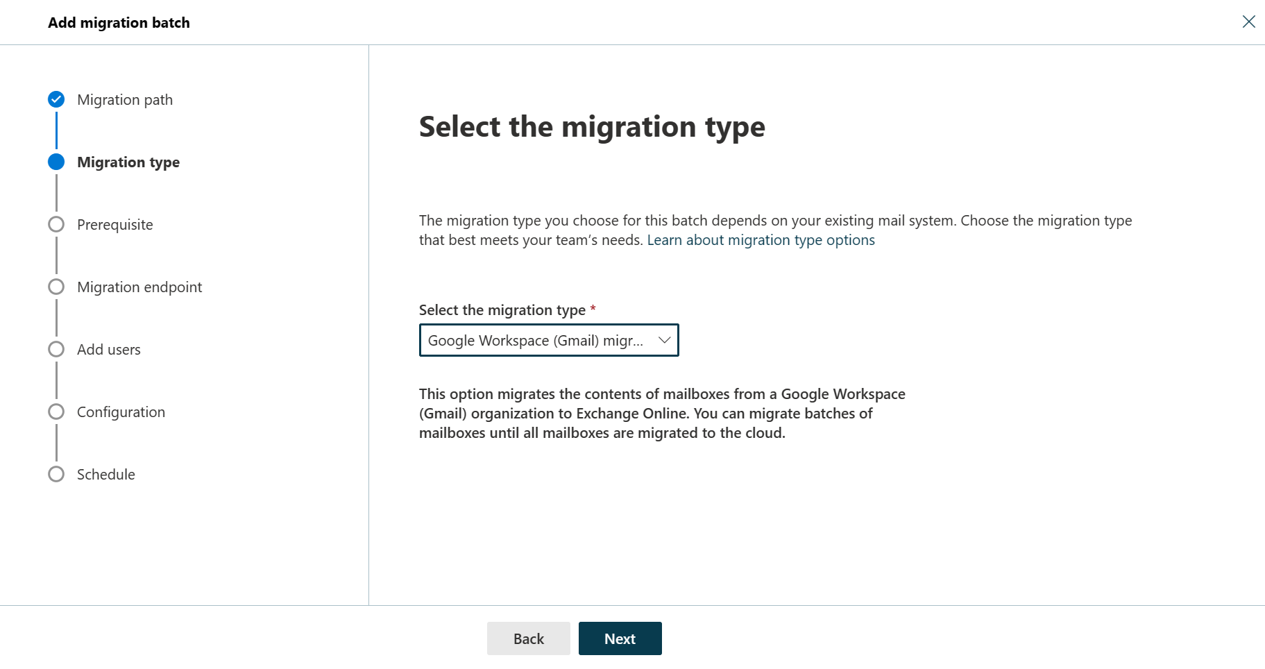 Capture d’écran de la deuxième étape de l’Assistant Lot de migration avec le type de migration sélectionné en tant que migration Google Workspace (Gmail).