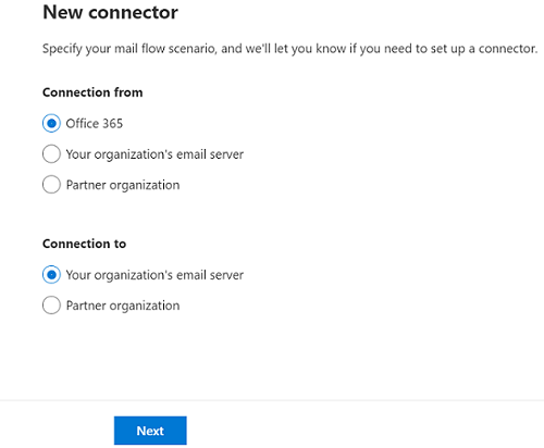 Écran sur lequel un connecteur est créé à partir d’Office 365 vers le serveur de messagerie de votre organisation