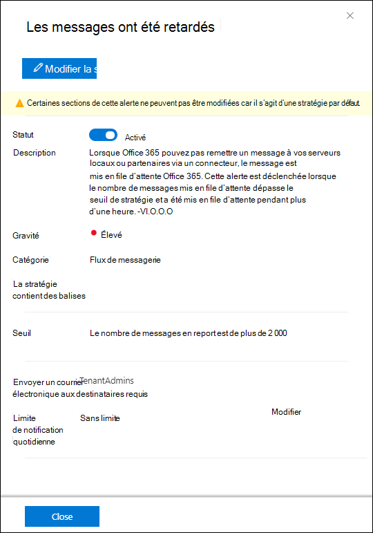 Les messages ont été retardés détails de la stratégie d’alerte dans le portail Microsoft Defender.