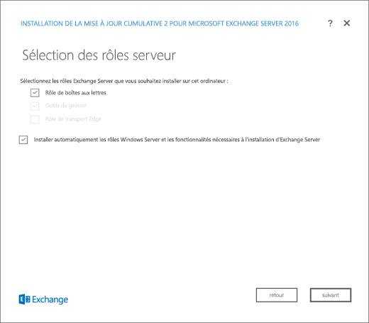 Programme d’installation Exchange : page Sélection des rôles serveur, Sélection des rôles boîte aux lettres.