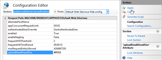 Modifiez la valeur uploadReadAheadSize dans Configuration Rédacteur dans IIS pour le répertoire virtuel owa.