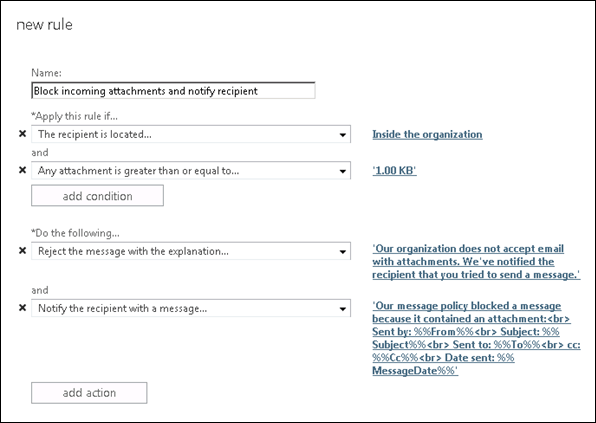 Règle qui avertit les destinataires lorsqu’un message entrant est bloqué.