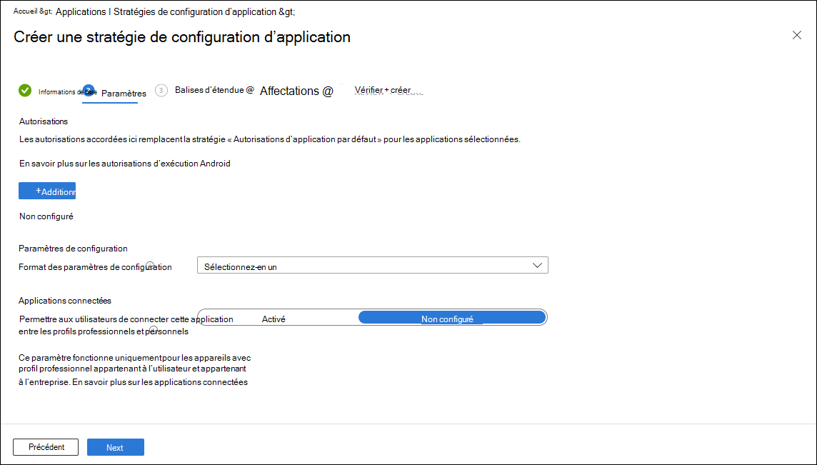 Capture d’écran de la stratégie de configuration - Paramètres