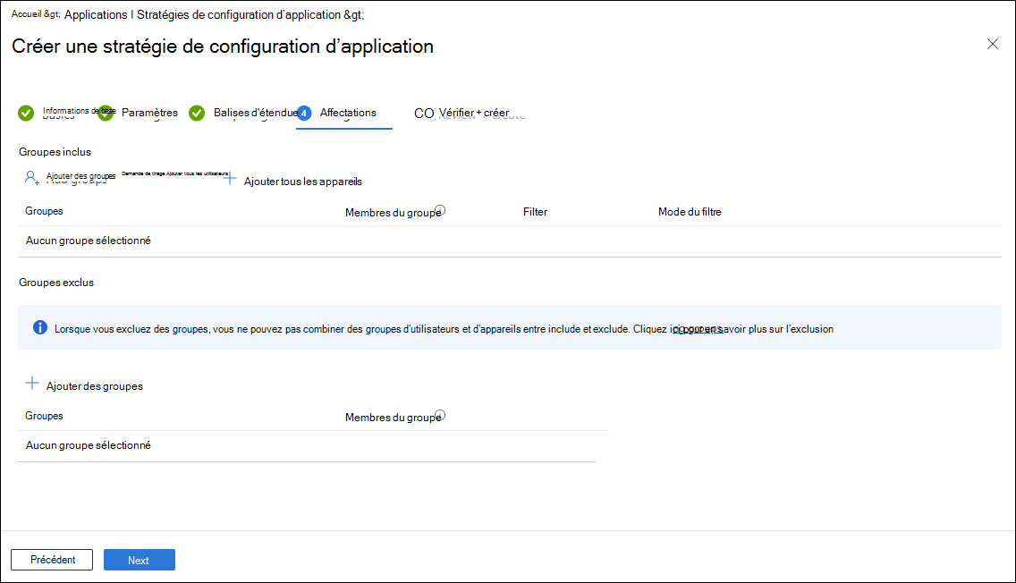 Capture d’écran de la page Affectations de stratégie de configuration