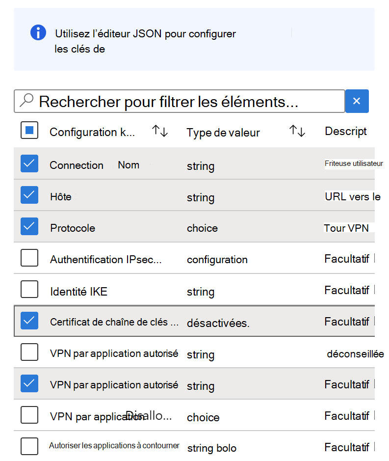 Ajouter des clés de configuration à une stratégie de configuration d’application VPN dans Microsoft Intune à l’aide de configuration Designer - exemple.