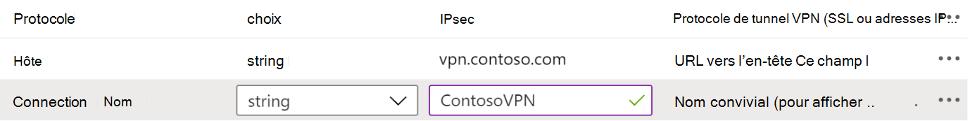 Exemples de protocole, de nom de connexion et de nom d’hôte dans une stratégie de configuration d’application VPN dans Microsoft Intune à l’aide du Designer de configuration