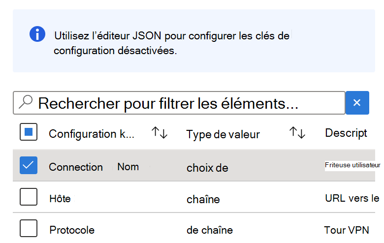 Dans le Concepteur de configuration, sélectionnez n’importe quelle clé avec un type de valeur de chaîne dans Microsoft Intune stratégie de configuration d’application VPN