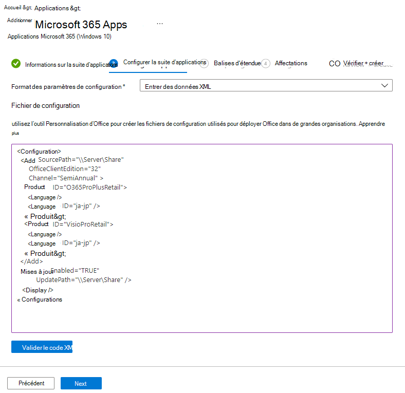 Capture d’écran : Ajouter Microsoft 365 - Concepteur de configuration - Exemple XML.