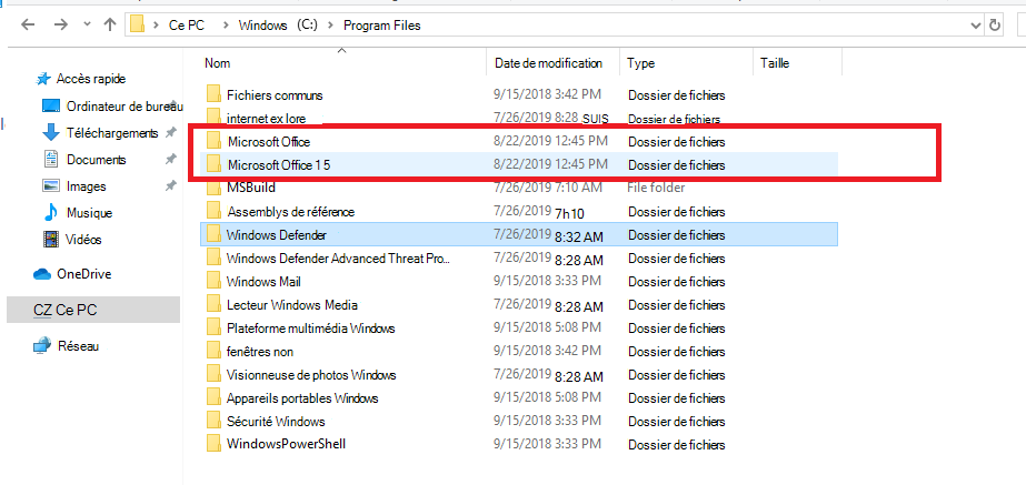 Packages d’installation d’Office dans le répertoire Program Files