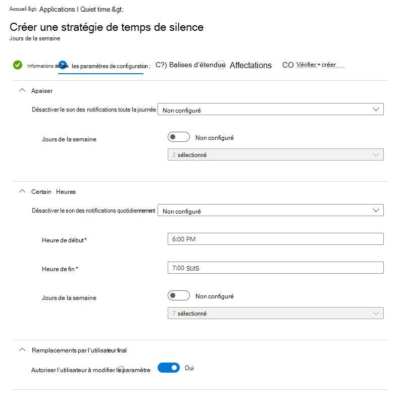 Capture d’écran de la stratégie Microsoft Intune temps de silence - Configurer les jours de la semaine