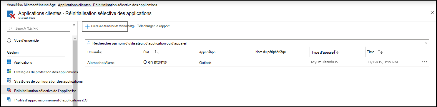 Capture d’écran du volet « Applications clientes - Réinitialisation sélective des applications »