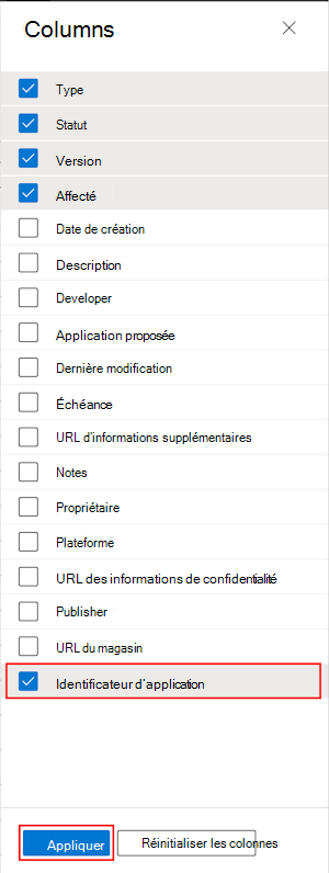 Capture d’écran montrant comment sélectionner la colonne ID de bundle d’applications dans Toutes les applications dans Microsoft Intune et le centre d’administration Intune.