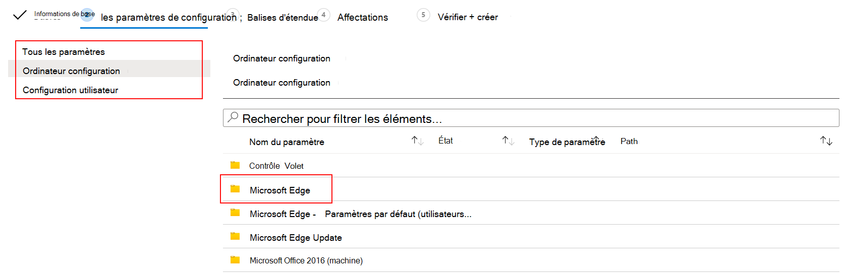 Capture d’écran montrant les paramètres ADMX pour la configuration utilisateur et la configuration de l’ordinateur dans Microsoft Intune et Intune centre d’administration.