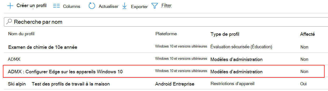 Capture d’écran du paramètre de stratégie ADMX affiché dans la liste des profils de configuration de l’appareil dans Microsoft Intune et Intune centre d’administration.