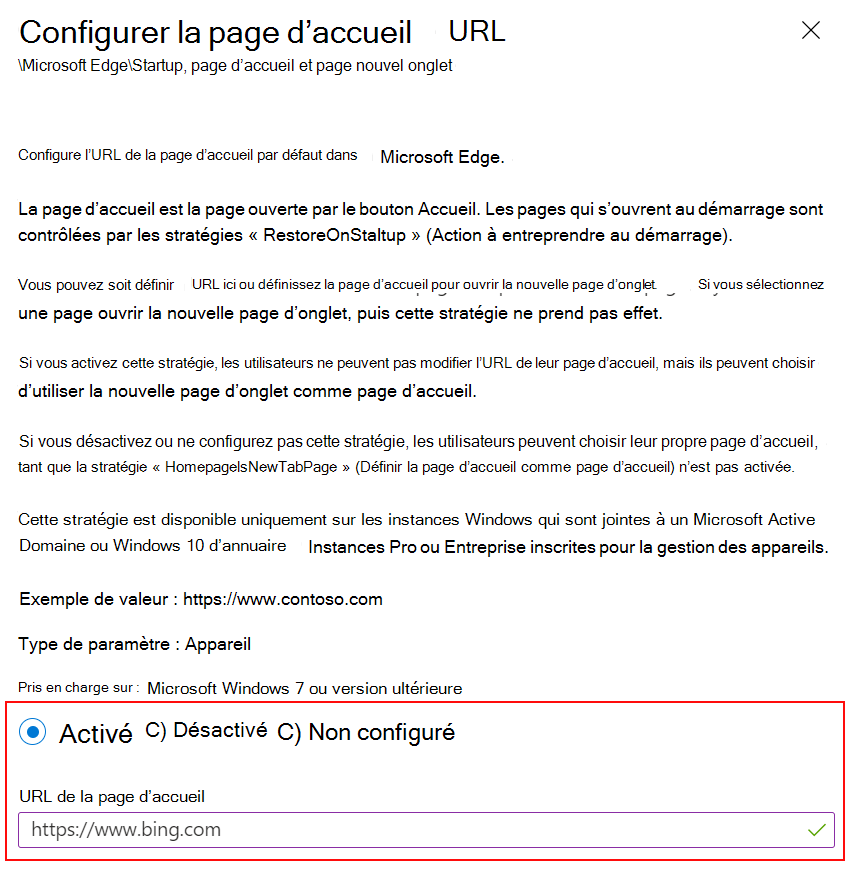 Capture d’écran de définir l’URL de la page d’accueil Microsoft Edge sur un site web à l’aide de modèles ADMX dans Microsoft Intune et Intune centre d’administration.