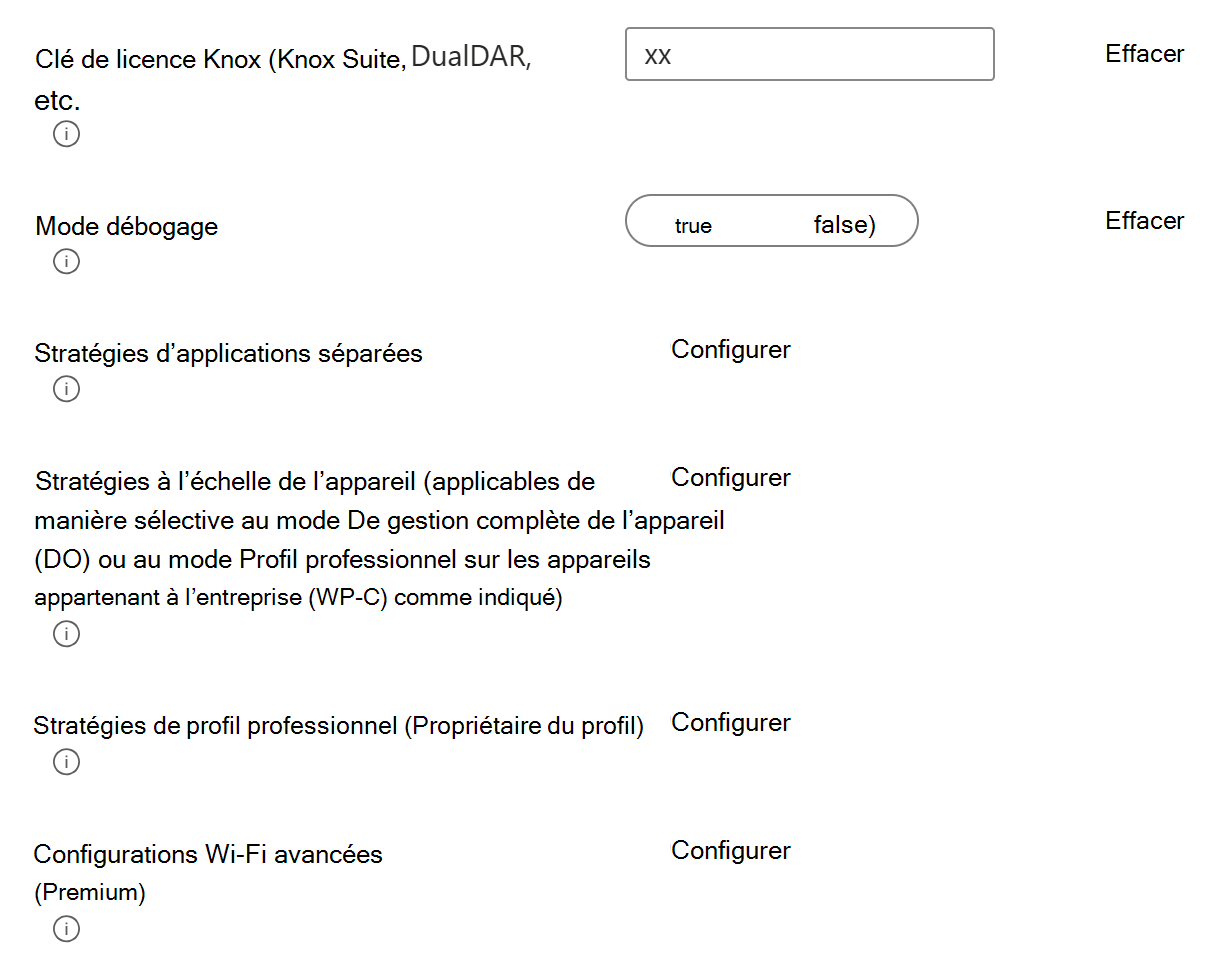 Capture d’écran montrant un exemple de profil de configuration d’appareil OEMConfig avec les principaux groupes parents ou offres groupées qui peuvent être configurés dans Microsoft Intune.