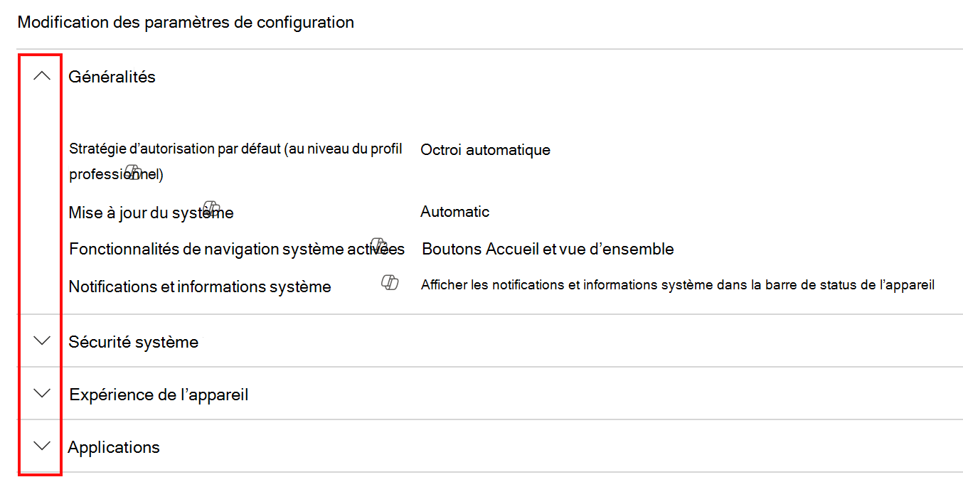 Capture d’écran montrant comment développer une catégorie pour afficher l’info-bulle Copilot dans Microsoft Intune et le Centre d’administration Intune.