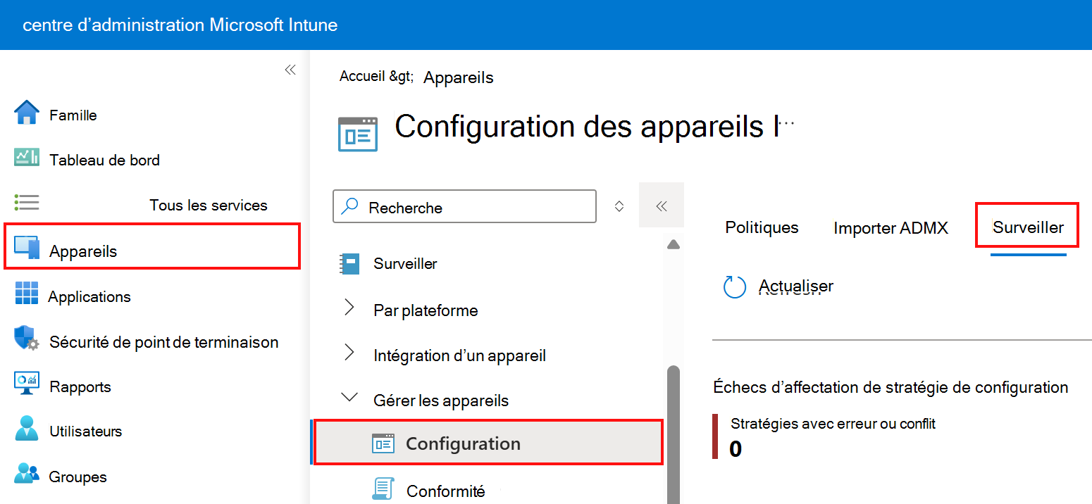 Capture d’écran montrant comment sélectionner l’onglet Moniteur dans les profils de configuration d’appareil dans Microsoft Intune et le Centre d’administration Intune.