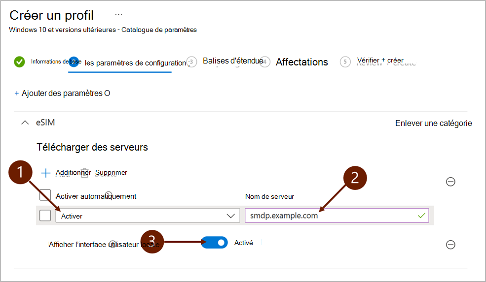 Capture d’écran montrant les paramètres de configuration lors de l’ajout d’un serveur de téléchargement eSIM dans Microsoft Intune.