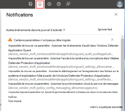 Capture d’écran montrant des notifications avec des informations supplémentaires lors de la création de la stratégie dans Microsoft Intune.