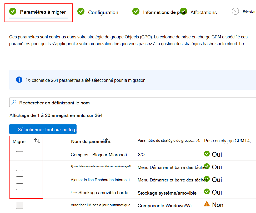 Capture d’écran montrant les paramètres à migrer et la case à cocher Migrer dans Microsoft Intune.