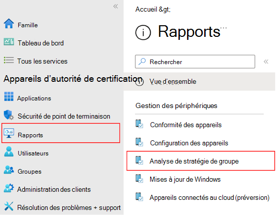 Capture d’écran montrant comment examiner le rapport et la sortie des objets de stratégie de groupe importés à l’aide de stratégie de groupe analytics dans Microsoft Intune et Intune centre d’administration.