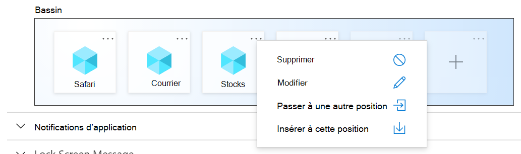 Exemples de paramètres de la disposition de l’écran d’accueil iOS/iPadOS dans Microsoft Intune