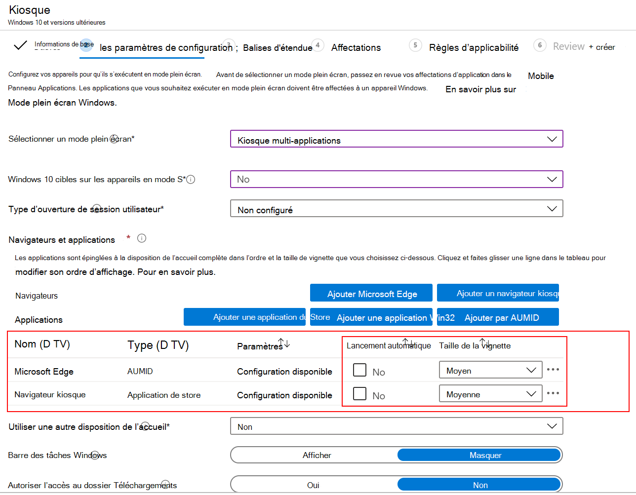 Lancez automatiquement l’application ou le navigateur, puis sélectionnez la taille de vignette dans un profil kiosque multi-applications dans Microsoft Intune.