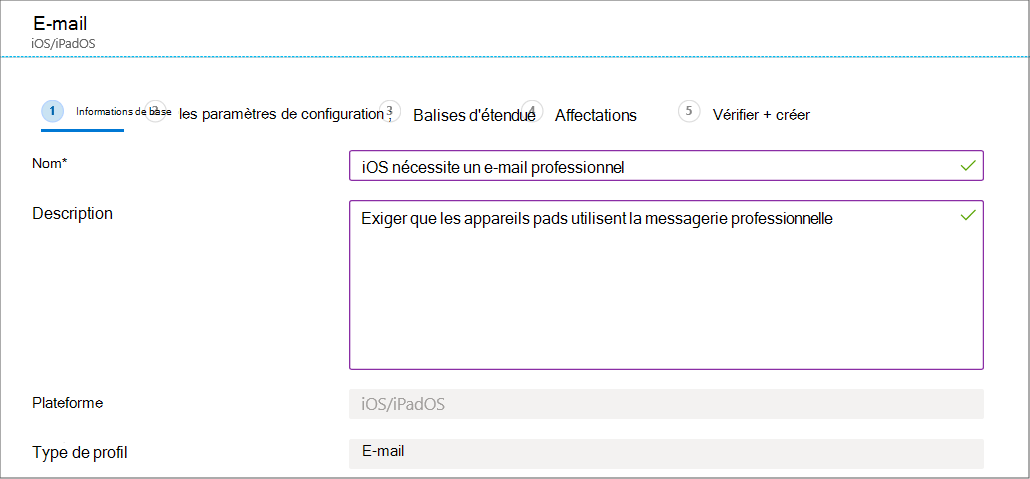 Créez un profil de configuration d’appareil de messagerie pour les appareils iOS/iPadOS dans Microsoft Intune et Intune centre d’administration.