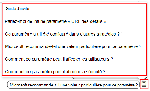 Capture d’écran montrant le guide d’invite des paramètres Copilot et une liste des invites disponibles dans le catalogue de paramètres dans Microsoft Intune et Intune centre d’administration.