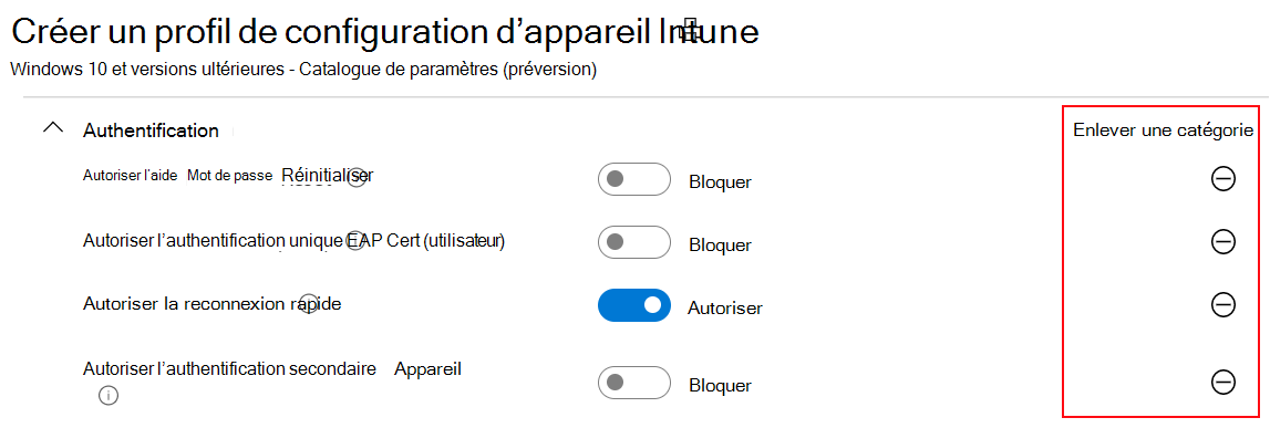 Capture d’écran montrant le catalogue de paramètres et montrant que les valeurs par défaut dans Microsoft Intune et Intune centre d’administration sont identiques aux valeurs par défaut du système d’exploitation.