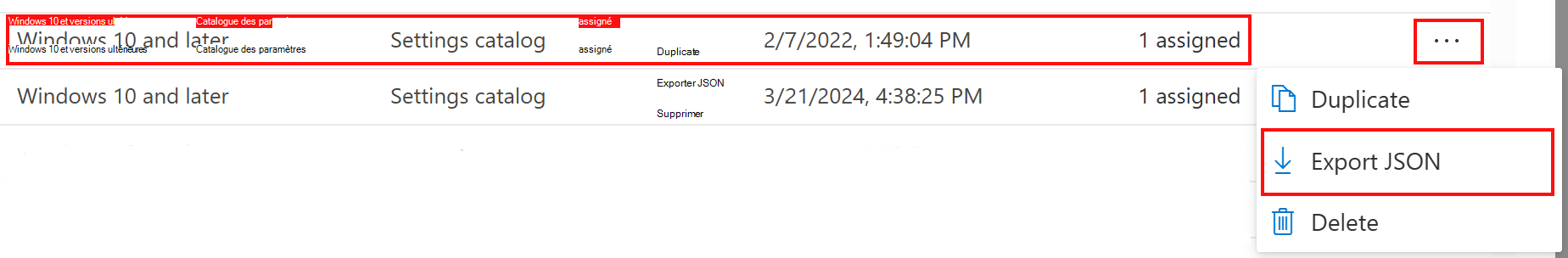 Capture d’écran montrant comment exporter une stratégie de catalogue de paramètres au format JSON dans Microsoft Intune et Intune centre d’administration.