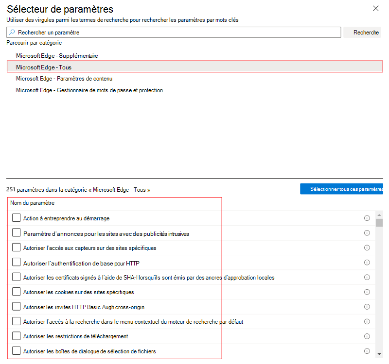 Capture d’écran montrant le catalogue de paramètres lorsque vous sélectionnez macOS et que vous sélectionnez une fonctionnalité ou une catégorie dans Microsoft Intune et Intune centre d’administration.