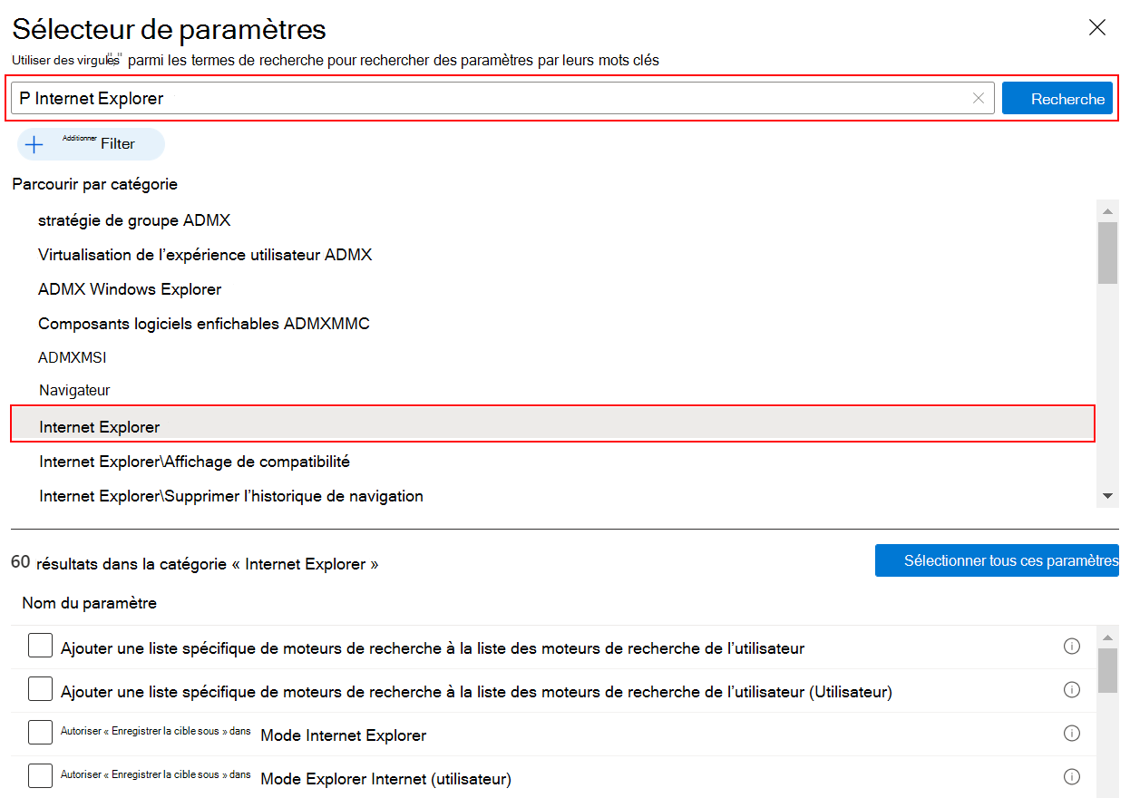 Capture d’écran montrant le catalogue de paramètres lorsque vous recherchez internet Explorer pour afficher tous les paramètres de Explorer Internet dans Microsoft Intune et Intune centre d’administration.