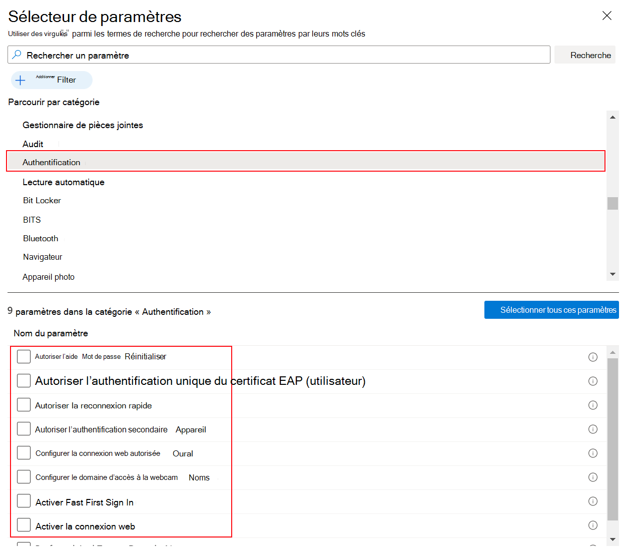 Capture d’écran montrant le catalogue de paramètres lorsque vous sélectionnez Windows et Authentification dans Microsoft Intune et Intune centre d’administration.