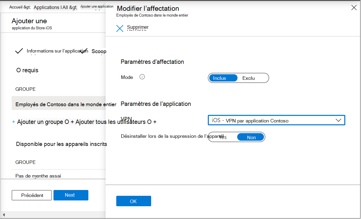 Deux captures d’écran montrant l’affectation d’une application au profil VPN par application dans Microsoft Intune et Intune centre d’administration.