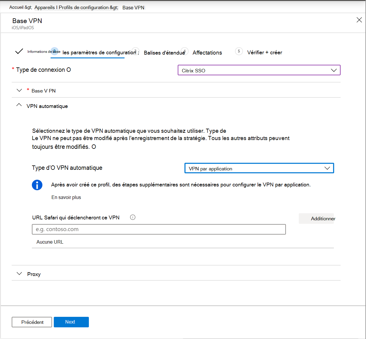 Capture d’écran montrant le VPN automatique défini sur VPN par application sur les appareils iOS/iPadOS dans Microsoft Intune.