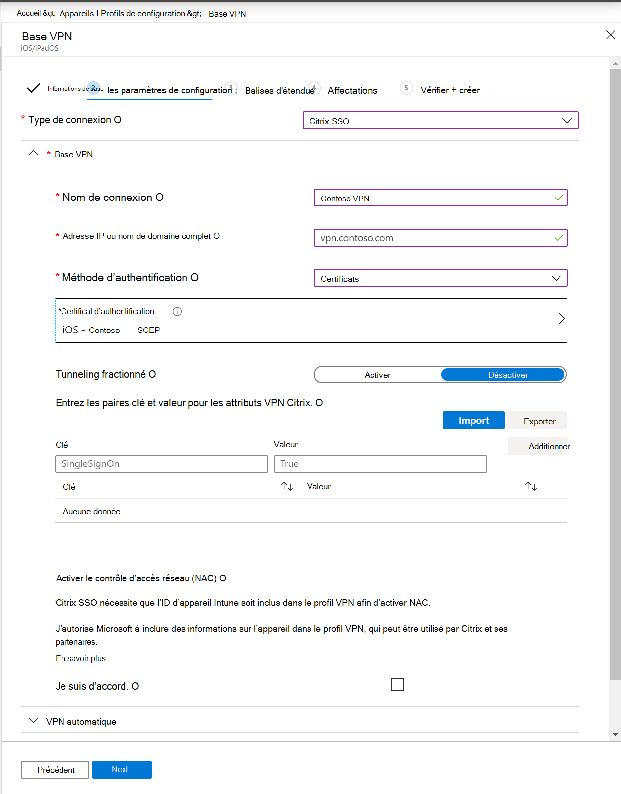 Capture d’écran montrant un profil VPN par application, une adresse IP ou un nom de domaine complet, une méthode d’authentification et un tunneling fractionné dans Microsoft Intune et Intune centre d’administration.