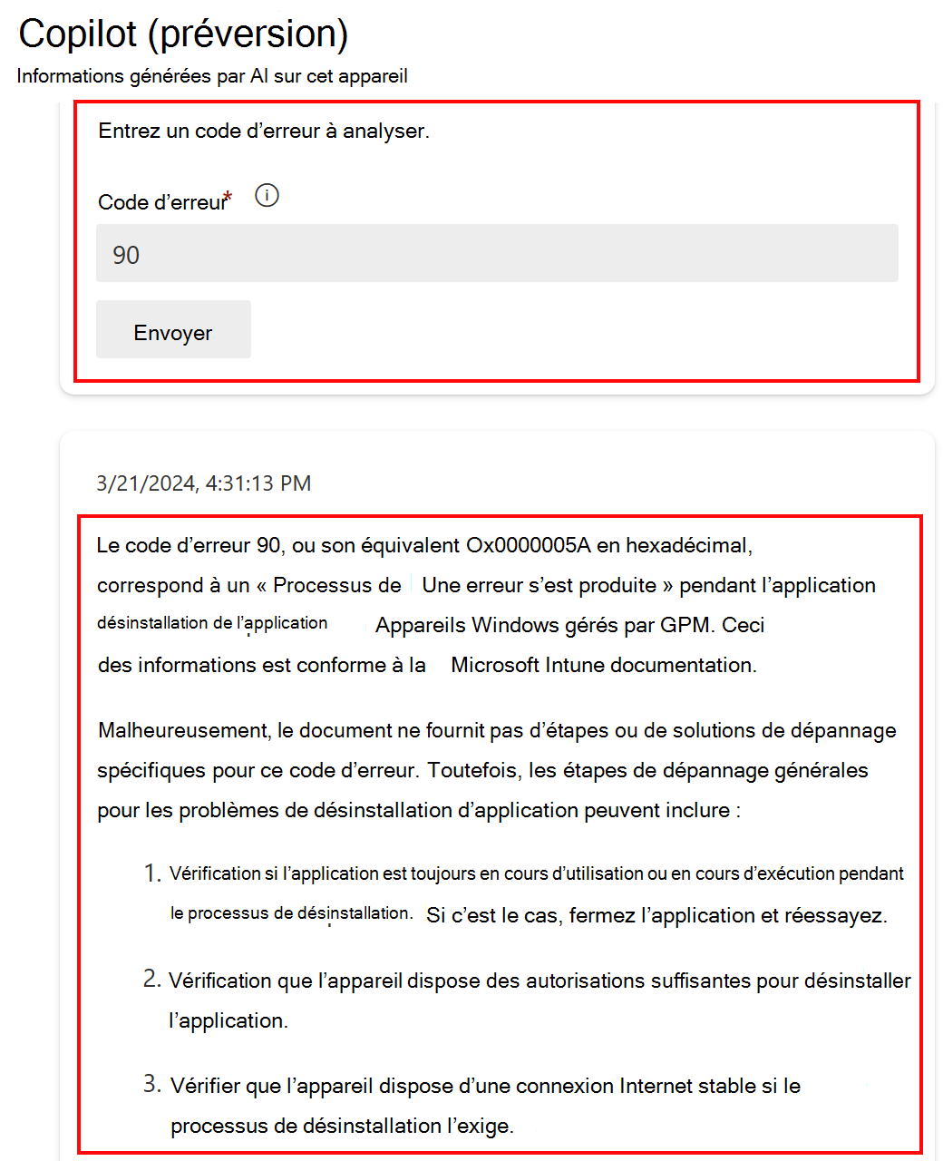 Capture d’écran montrant la fonctionnalité Analyser un code d’erreur dans Copilot après avoir sélectionné un appareil dans Microsoft Intune ou Intune centre d’administration.