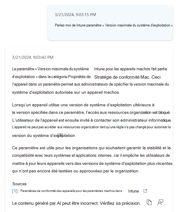 Capture d’écran montrant plus d’informations sur un paramètre lorsque vous sélectionnez l’info-bulle Copilot dans une stratégie de conformité dans le Centre d’administration Microsoft Intune.