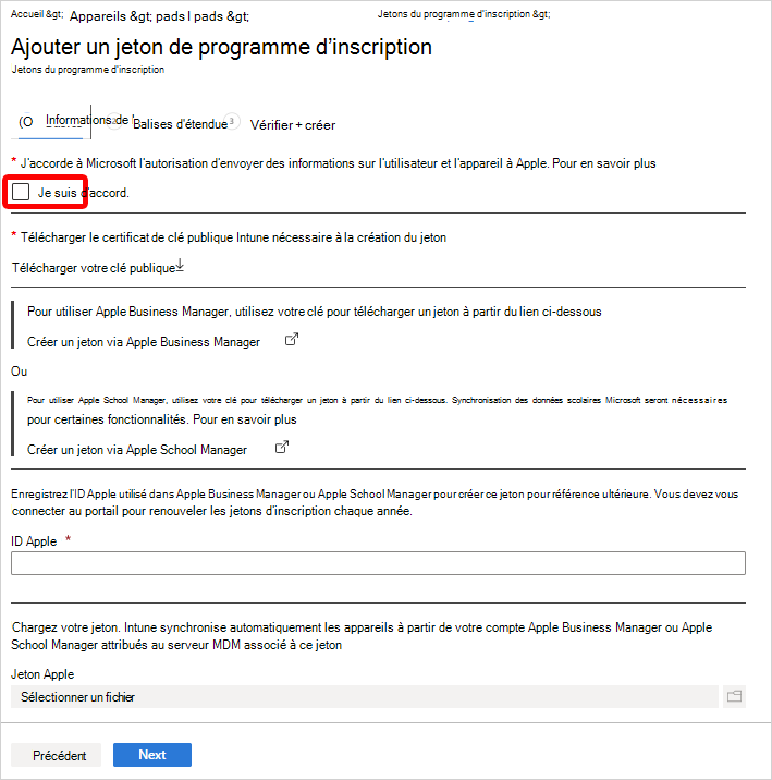 Capture d’écran montrant l’écran Ajouter un jeton de programme d’inscription.